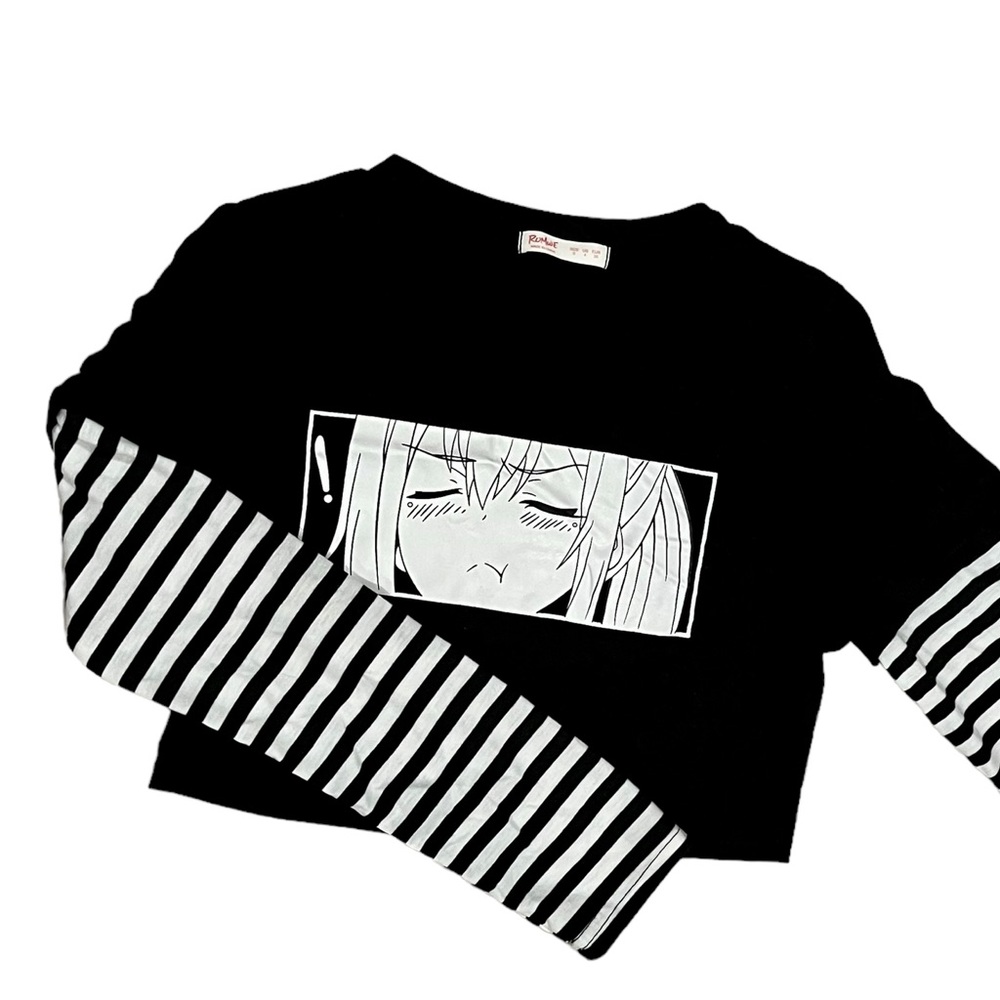 Romwe Anime Manga Long Sleeve Shirt Black Striped Sleeve Y2K Alt Kids Large
